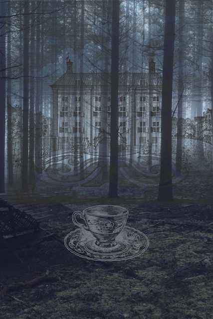 teacup in dark woods outside an English manor