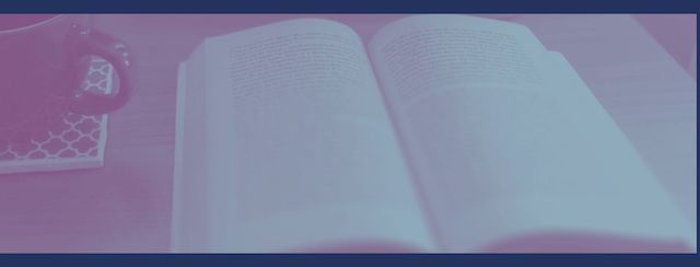 mug, lattice coaster, and open book in a pink and blue filter