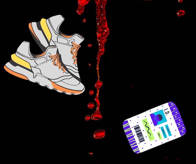 running shoes, blood, and a student ID