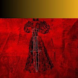 color block and dagger overlaid on figure of Victorian woman and crimson background