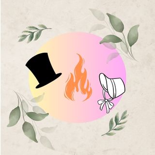 leaf border and a top hat and bonnet on either side of an orange flame