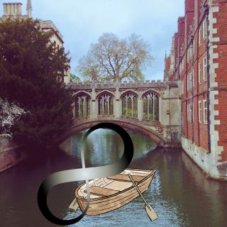rowboat and infinity symbol passing along a river with an overhead bridge