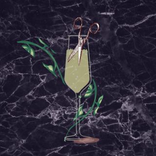 bloody scissors in a champagne glass wrapped in ivy