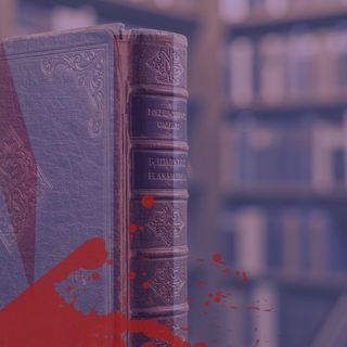 blood drops and stake overlaid on an antique book with bookshelves in background